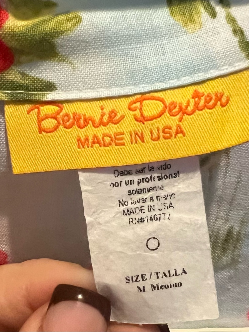 Bernie Dexter light blue with red/pink rose & green floral pattern